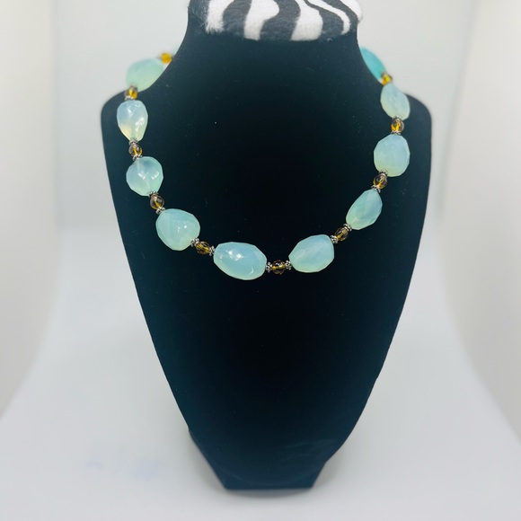Aqua Tourmaline Faceted Natural Stone Necklace Artisan Toggle - Picture 2 of 8